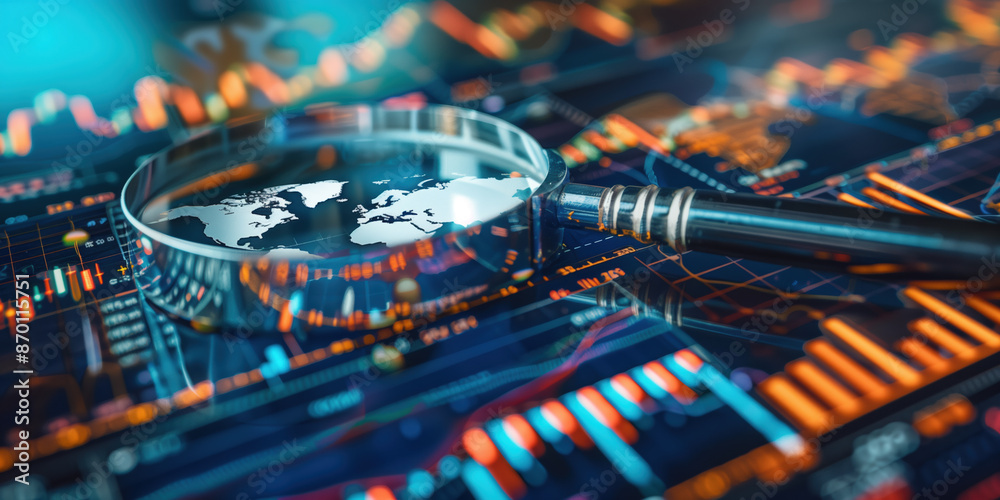 Macro view of financial charts and world map under magnifying glass for market analysis Macro view of financial charts and world map under magnifying glass for market analysis