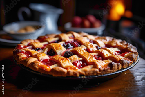 A tantalizing image of a perfectly glazed fruit pie, showcasing the glossy finish of the syrupy filling and the golden-brown crust, set against a rustic kitchen backdrop. photo