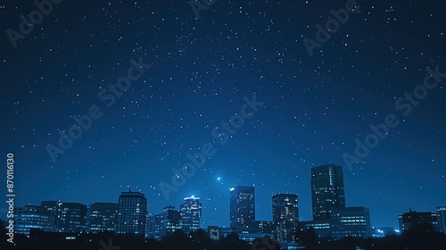 City Skyline Nightscape with Starry Sky Illuminates the Urban Silhouette Under a Clear Night's Sky Creating a Tranquil Atmosphere