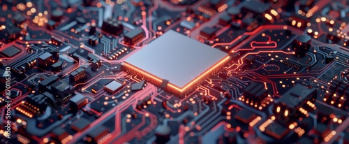 Close Up View of a Computer Chip With Red Glowing Circuitry