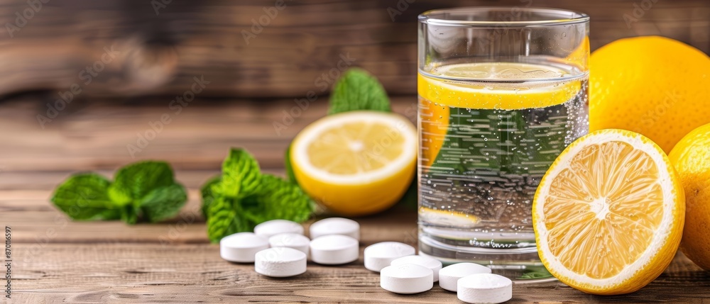 Refreshing lemon water with tablets, mint leaves, and whole lemons on wooden table, a healthy and natural vitamin C drink concept. Refreshing lemon water with tablets, mint leaves, and whole lemons on wooden table, a healthy and natural vitamin C drink concept.
