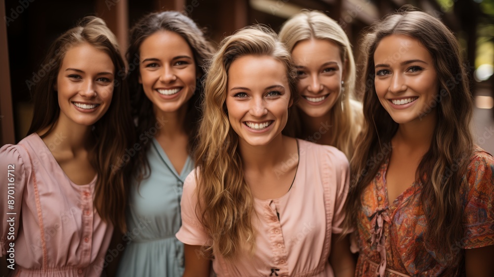 Fototapeta premium Young Women Smiling and Bonding Together. Group of young women smiling and bonding together, enjoying each other's company and reflecting friendship and joy.