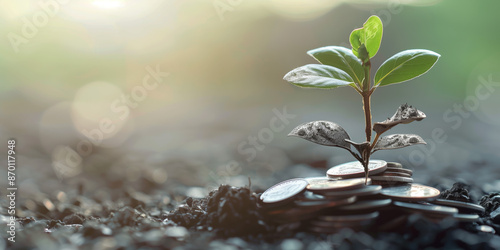 inancial Growth Concept: Plant Sprouting from Coins with Copy Space photo