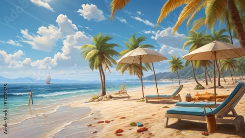 Summer Background Tranquil Beach Scene with Palm Trees and Sailboats Under a Clear Sky