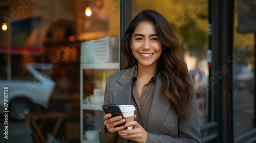 Professional young Hispanic businesswoman holding coffee and mobile phone, walking to work, copy space