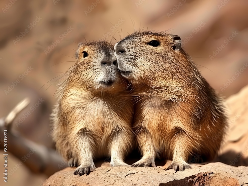 Two adorable rodents cuddle closely on a rock, showcasing their furry coats in natural light. Two adorable rodents cuddle closely on a rock, showcasing their furry coats in natural light.