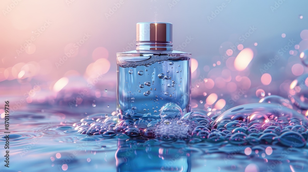Perfume bottle on water surface with spray, bubbles, minimalism, product display, light blue gradient, 8k, illustration background Perfume bottle on water surface with spray, bubbles, minimalism, product display, light blue gradient, 8k, illustration background