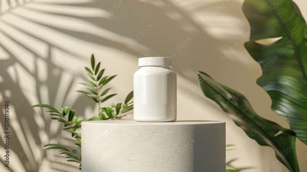 Photorealistic mockup of a white opaque pills bottle on a podium, single light source, vegetal elements background, illustration background Photorealistic mockup of a white opaque pills bottle on a podium, single light source, vegetal elements background, illustration background