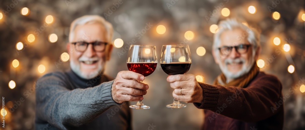 Two elderly men enjoying a toast with red wine, celebrating life's moments against a festive backdrop with warm lights. Two elderly men enjoying a toast with red wine, celebrating life's moments against a festive backdrop with warm lights.