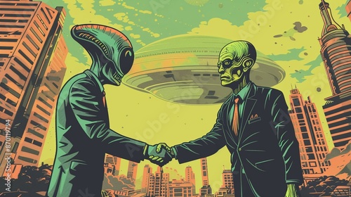 A humorous scene where a human businessman shakes hands with an alien sealing a deal. Background of a futuristic city. Style: Pop art photo