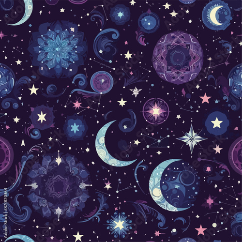 Mystical Celestial Seamless Pattern – Moon, Stars, and MandalaPrint photo