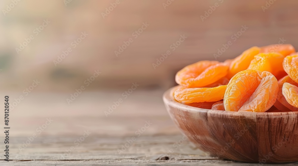 Wooden bowl filled with dried apricots on a rustic wooden table, with a soft focus background. Healthy snack and natural food concept. Wooden bowl filled with dried apricots on a rustic wooden table, with a soft focus background. Healthy snack and natural food concept.