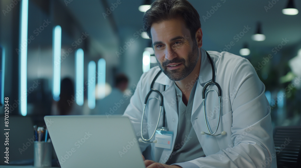 doctor working on laptop, portrait of a doctor using laptop for research about a medical case doctor working on laptop, portrait of a doctor using laptop for research about a medical case