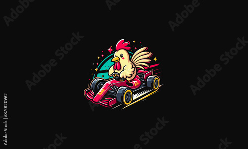 chicken riding car racing vector illustration flat design