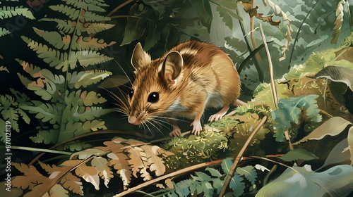 Cute Wood mouse on forest floor. 