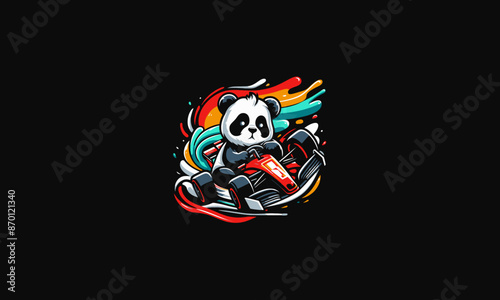 panda riding car racing vector flat design