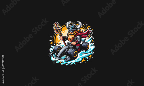 viking riding car racing vector illustration flat design