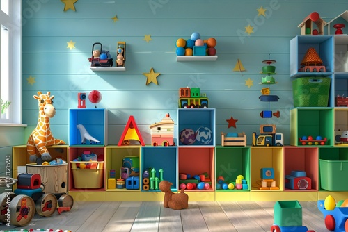 Close up. of toys neatly organized in a vibrant, tidy playroom, created by ai