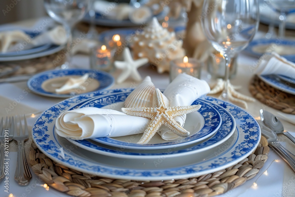 Beach-themed table setting with seashell napkin rings, blue and white plates, and a sand and starfish centerpiece , created by ai Beach-themed table setting with seashell napkin rings, blue and white plates, and a sand and starfish centerpiece , created by ai