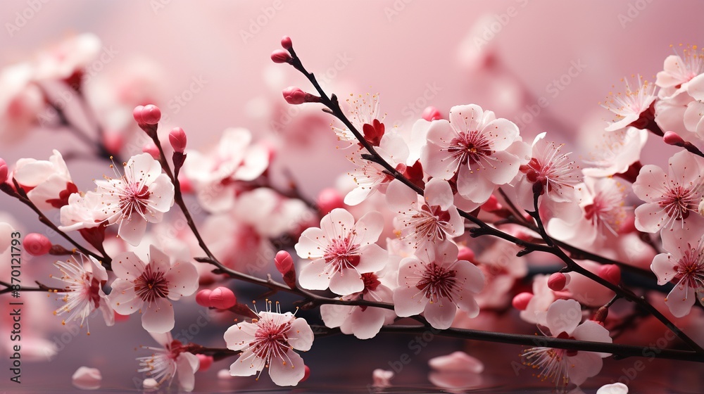 Fototapeta premium A cherry blossom forest at dawn nature background with a dreamlike quality.
