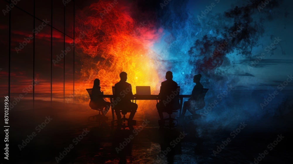 Business Team Meeting in Futuristic Office with Dramatic Lighting and Abstract Background
