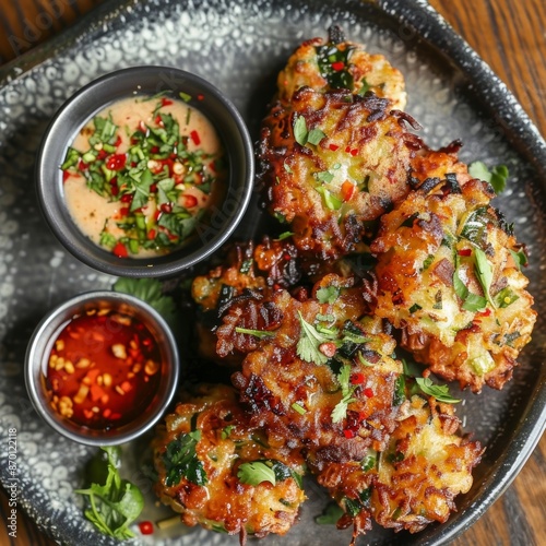A deliciously crispy buckwheat and vegetable fritter served with a zesty dipping sauce.