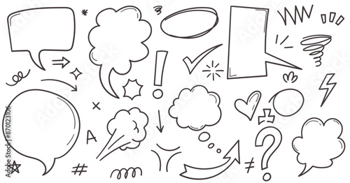 Hand drawn elements speech bubble, arrows, scribble, stars, question mark
