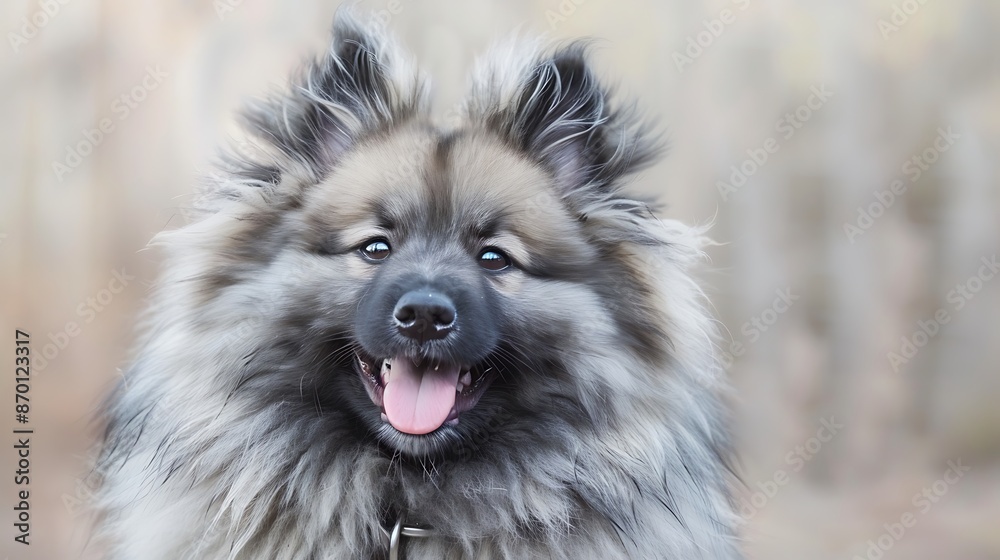 Happy Fluffy Keeshond Puppy with Gray Coat Smiling Joyfully Happy Fluffy Keeshond Puppy with Gray Coat Smiling Joyfully