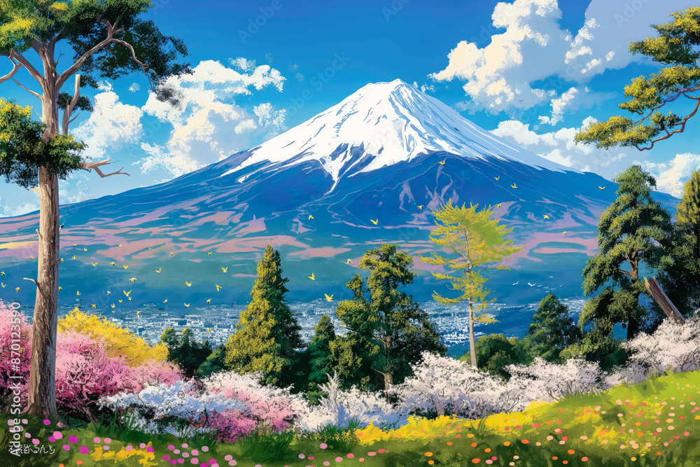 Fototapeta premium Beautiful detailed realistic pastel colored quilted artwork of mount Fuji surrounded by spring flowers and trees, blue sky, detailed.