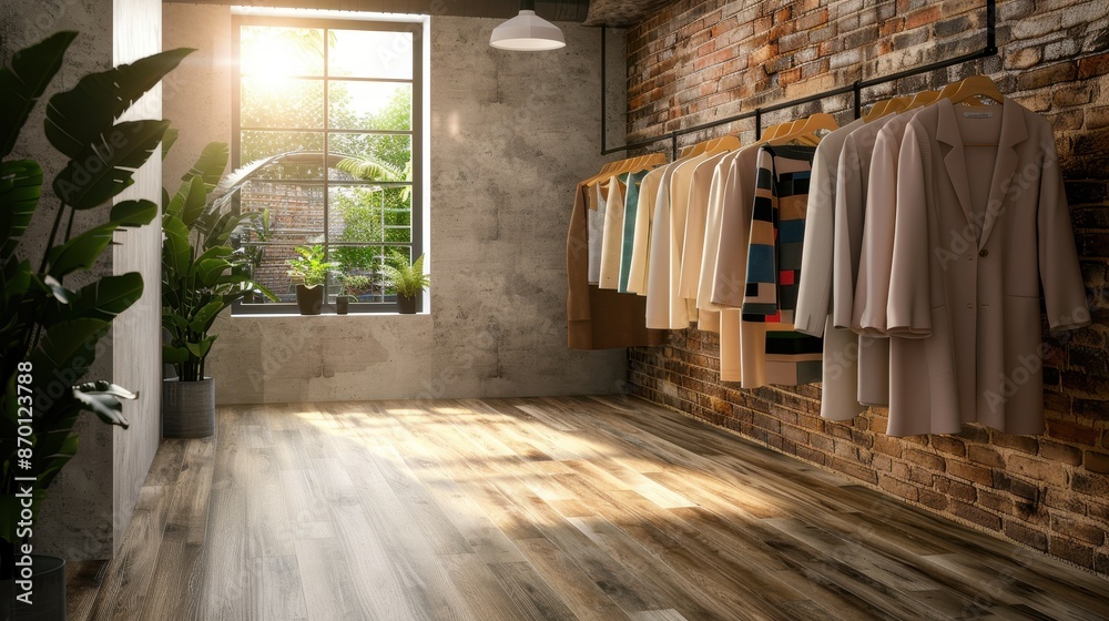 Modern Industrial Clothing Store Interior with Sunlight and Green Plants Modern Industrial Clothing Store Interior with Sunlight and Green Plants