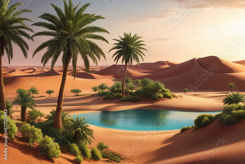 Serene oasis, lush palms, golden sunset, earthy tones, tranquil and cinematic.