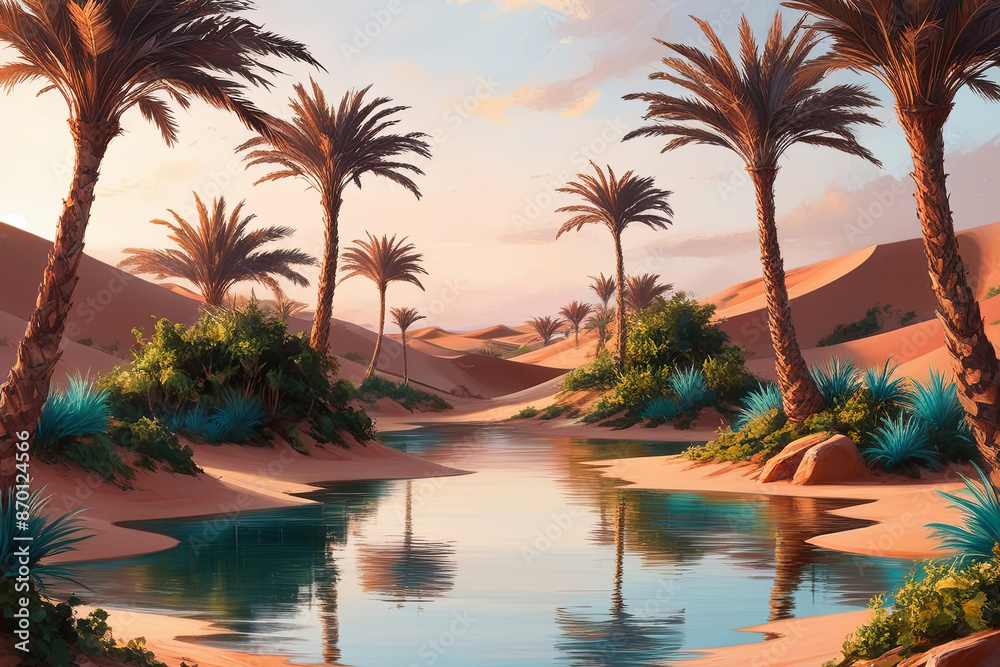 Fototapeta premium Serene oasis, lush palms, golden sunset, earthy tones, tranquil and cinematic.