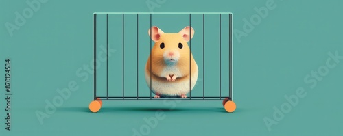 Cute hamster sitting in a wire cage on a teal background. Perfect image for pet care, animal lovers, and rodent-related themes. photo