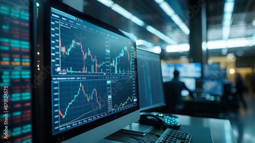 Stock market trading charts displayed on multiple computer screens in a modern office, showcasing financial data and investment analysis.