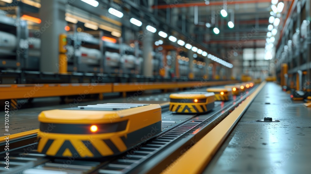 Automated guided vehicles (AGVs) transporting materials across a smart factory floor, enhancing operational efficiency.