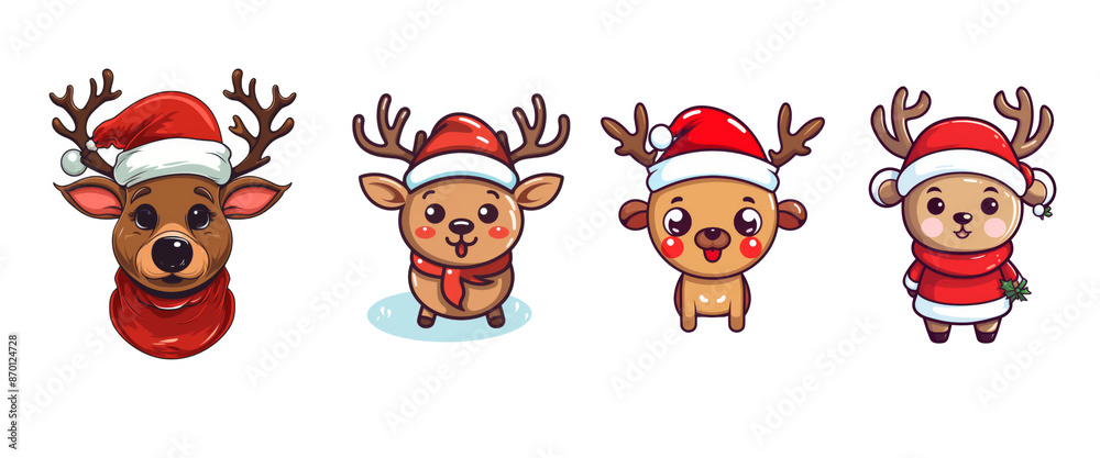 Adorable reindeer puns in Santa hats. Fun and festive reindeer characters for a playful Christmas theme. Adorable reindeer puns in Santa hats. Fun and festive reindeer characters for a playful Christmas theme.