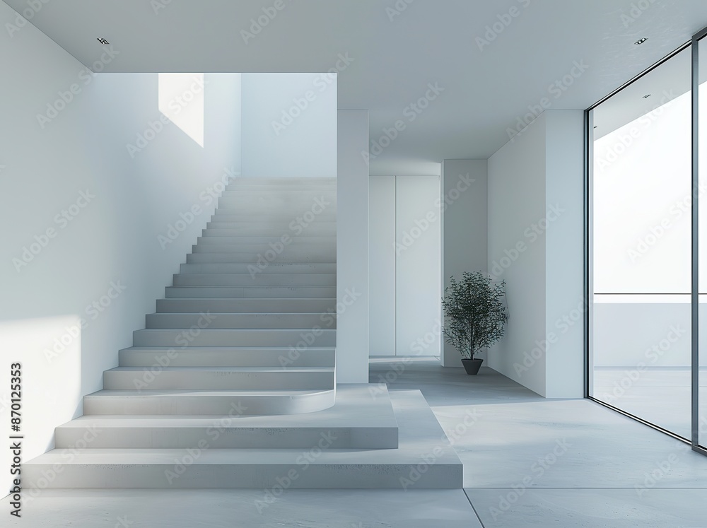 Obraz premium Simple and clean interior of a Chinese style villa featuring white walls, gray floors, a window with outside views, three stairs adding depth, and a small door leading to another area. 