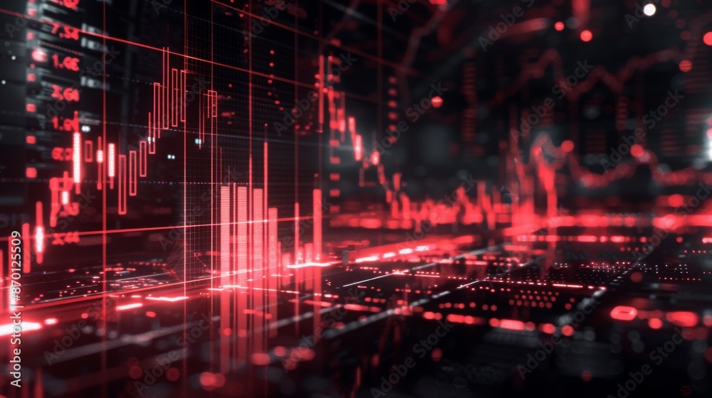 Fototapeta premium Red stock market chart with glowing graphs and data, showcasing financial trading trends. Concepts. stock market crash, bearish trend, market volatility, financial crisis, economic downturn.