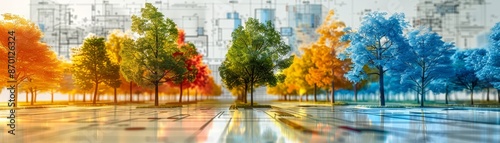 Colorful Trees Lined Up Against City Blueprint Background in Abstract Style Representing Urban Planning and Sustainable Development