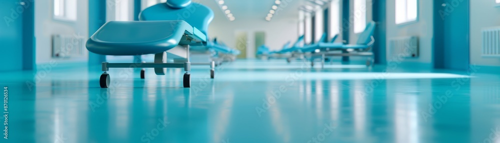 empty hospital corridor with blue medical chairs and shiny floor - healthcare interior design concept. empty hospital corridor with blue medical chairs and shiny floor - healthcare interior design concept.