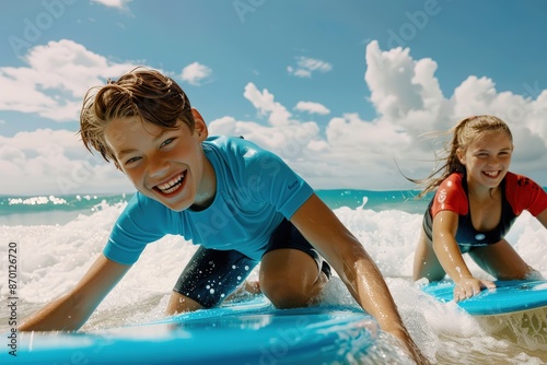 Two kids having fun surfing on a sunny beach, capturing the excitement and joy of summer water activities.