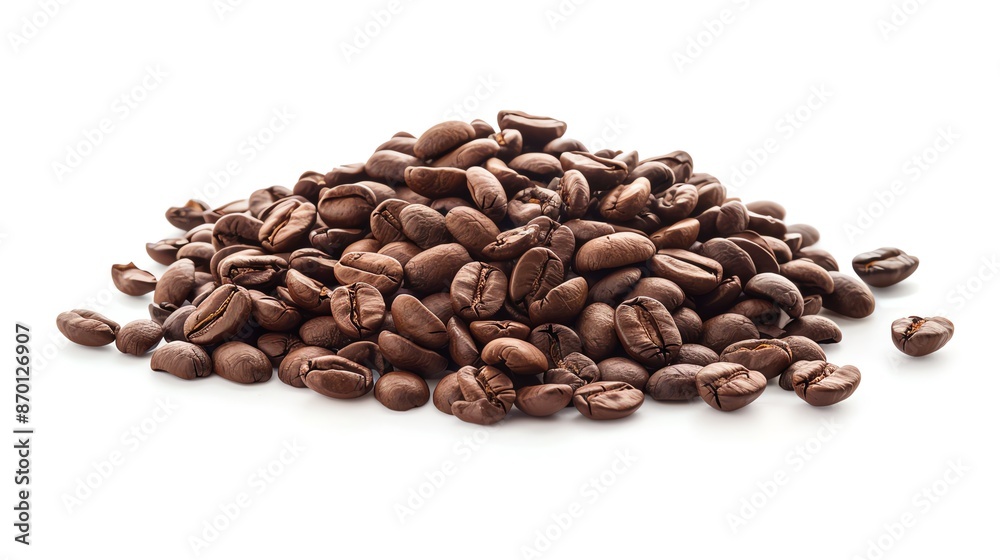A pile of aromatic coffee beans isolated on a white background, perfect for illustrating fresh coffee and breakfast themes. A pile of aromatic coffee beans isolated on a white background, perfect for illustrating fresh coffee and breakfast themes.
