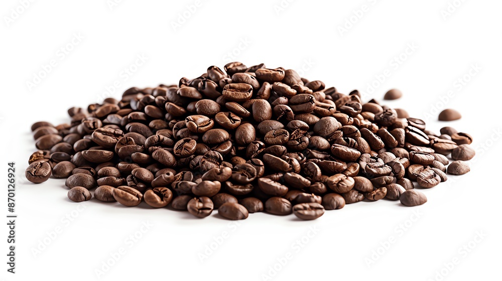 A pile of roasted coffee beans isolated on white background. Perfect for cafes, restaurants, and coffee advertisements. A pile of roasted coffee beans isolated on white background. Perfect for cafes, restaurants, and coffee advertisements.