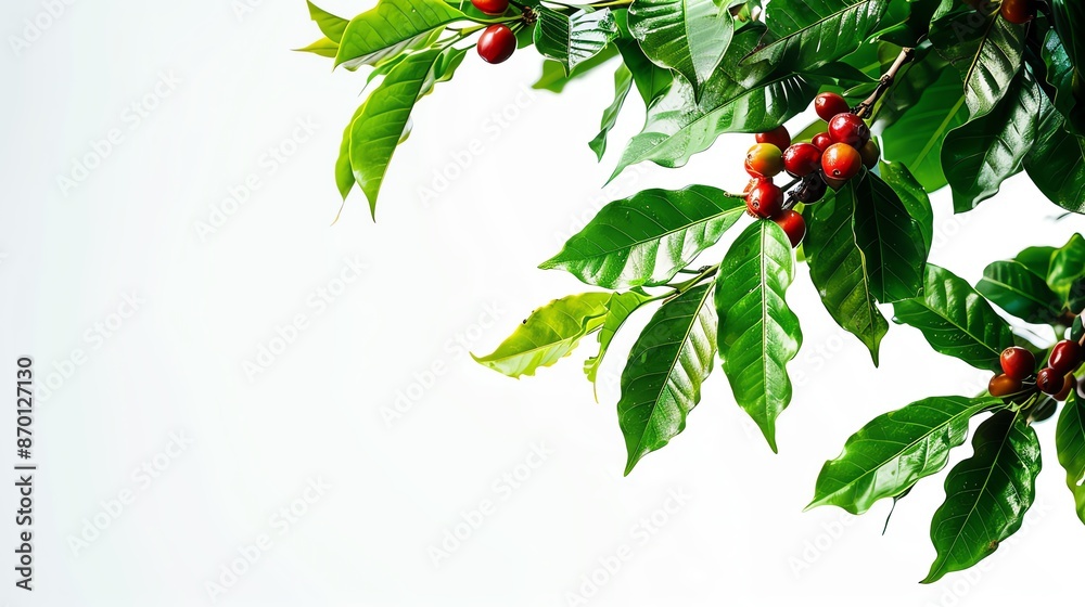 Fresh coffee cherries on a tree branch with lush green leaves against a white background, depicting the natural beauty of coffee cultivation. Fresh coffee cherries on a tree branch with lush green leaves against a white background, depicting the natural beauty of coffee cultivation.