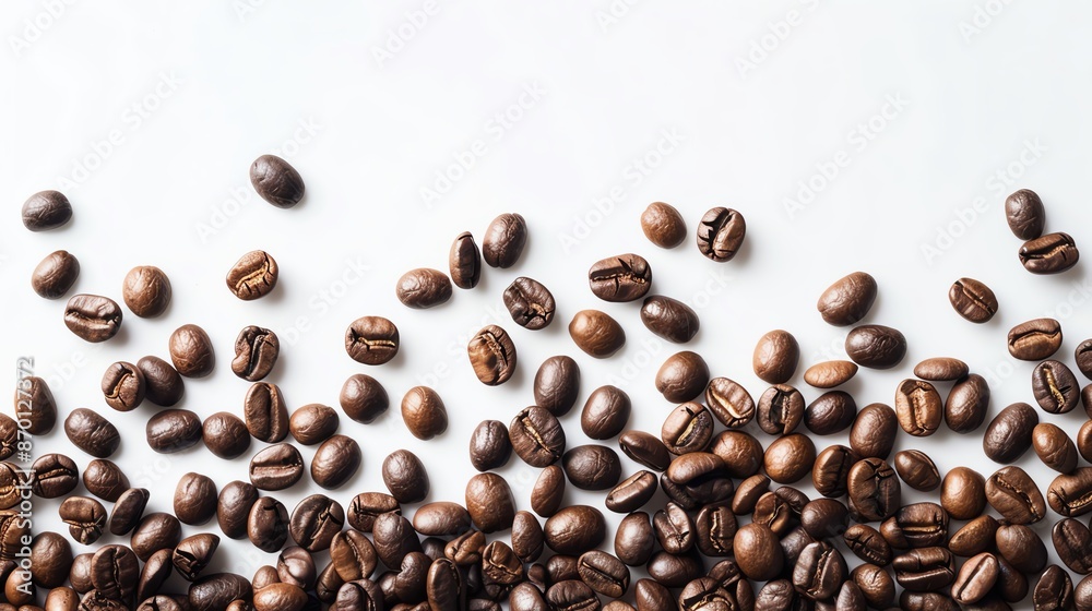 Scattered coffee beans on a white background, ideal for a coffee shop or beverage-related design. Scattered coffee beans on a white background, ideal for a coffee shop or beverage-related design.