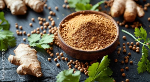 Fresh Coriander, Ground Ginger, and Coriander Seeds on a Dark Wood Surface