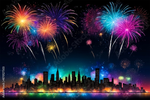 Colorful Fireworks Over Dark City Skyline