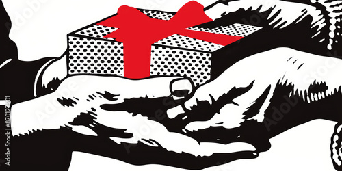 Black and White Illustration of Hands Exchanging a Gift Box with Red Ribbon