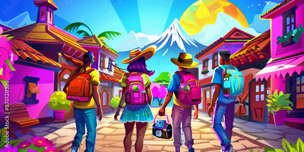 Fototapeta premium Friends Traveling in Vibrant Village with Backpacks and Colorful Houses