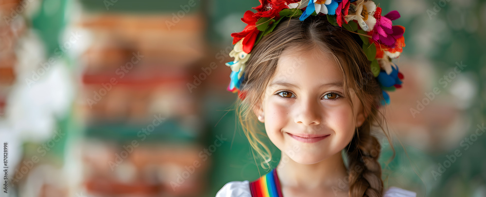 Fototapeta premium A young girl wearing a colorful flower headband is smiling